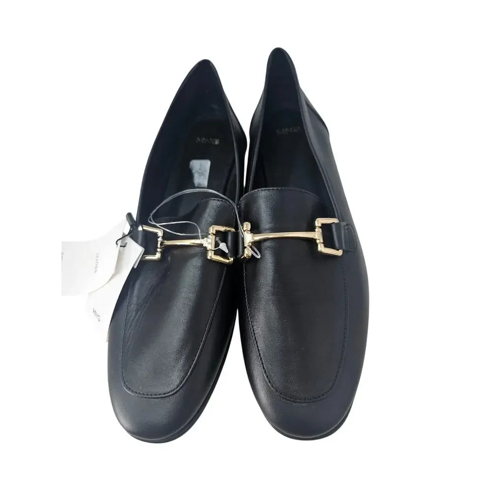 NEW Mango 40 Black Leather Loafer Flat Gold Horsebit Academia Minimalist Classic